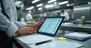 Consultor de alimentos analisando checklist digital em tablet na cozinha industrial
