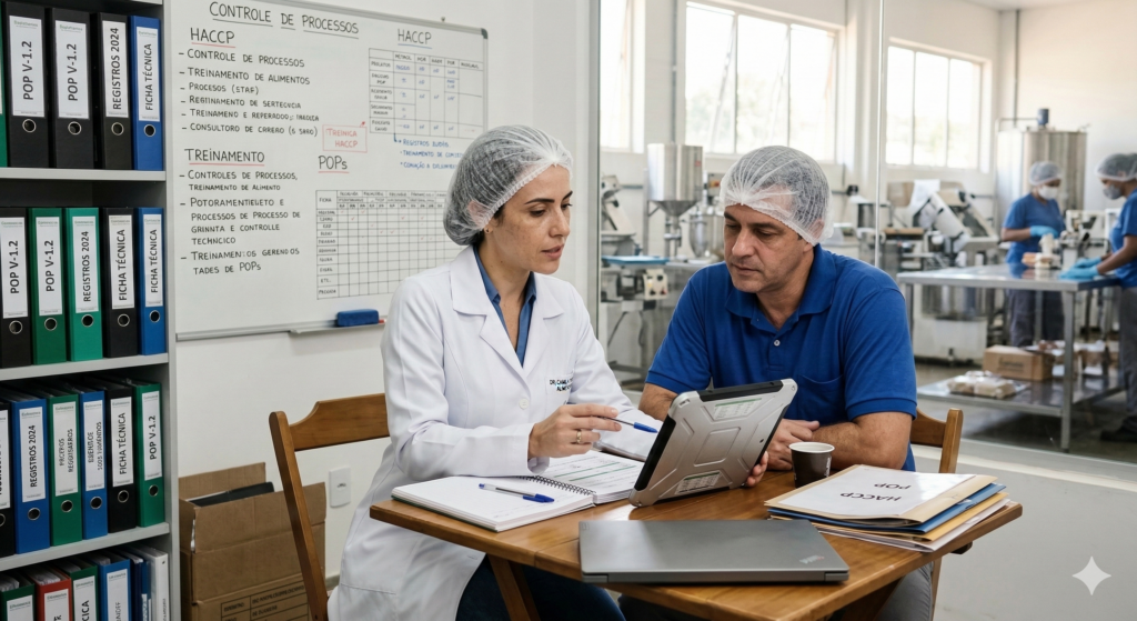 Mesa de consultoria com papéis de POPs organizados em esquema de fluxo e utensílios de cozinha ao redor