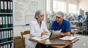 Mesa de consultoria com papéis de POPs organizados em esquema de fluxo e utensílios de cozinha ao redor